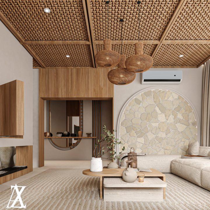 تصميم مجلس بوهيمي أنيق في فيلا سعودية بمواد طبيعية وألوان ترابية هادئة