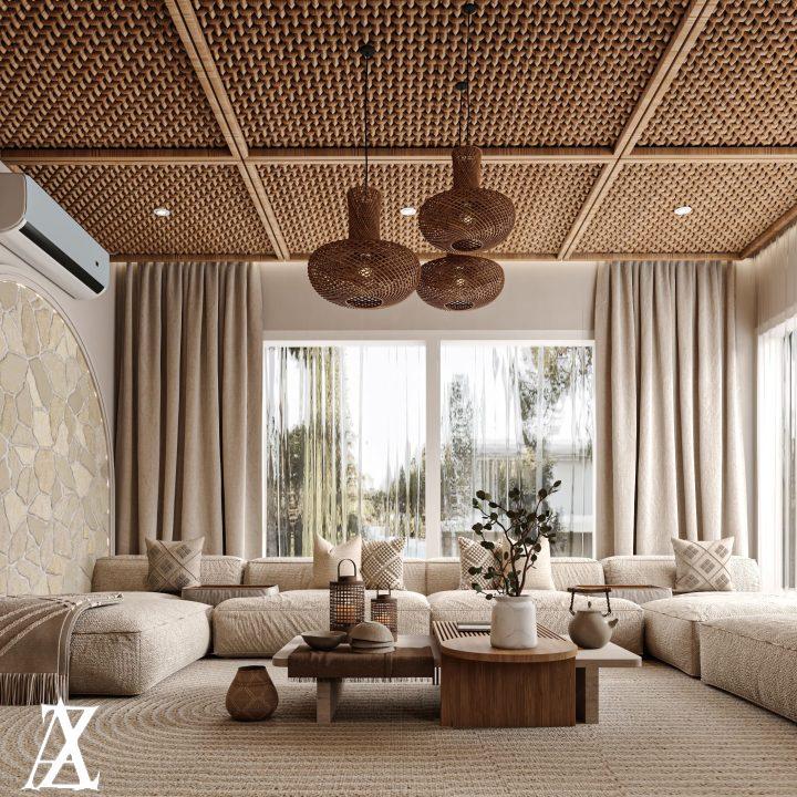 تصميم داخلي فيلا بوهيمي بالرياض يعكس ألوان دافئة وديكور طبيعي فاخر