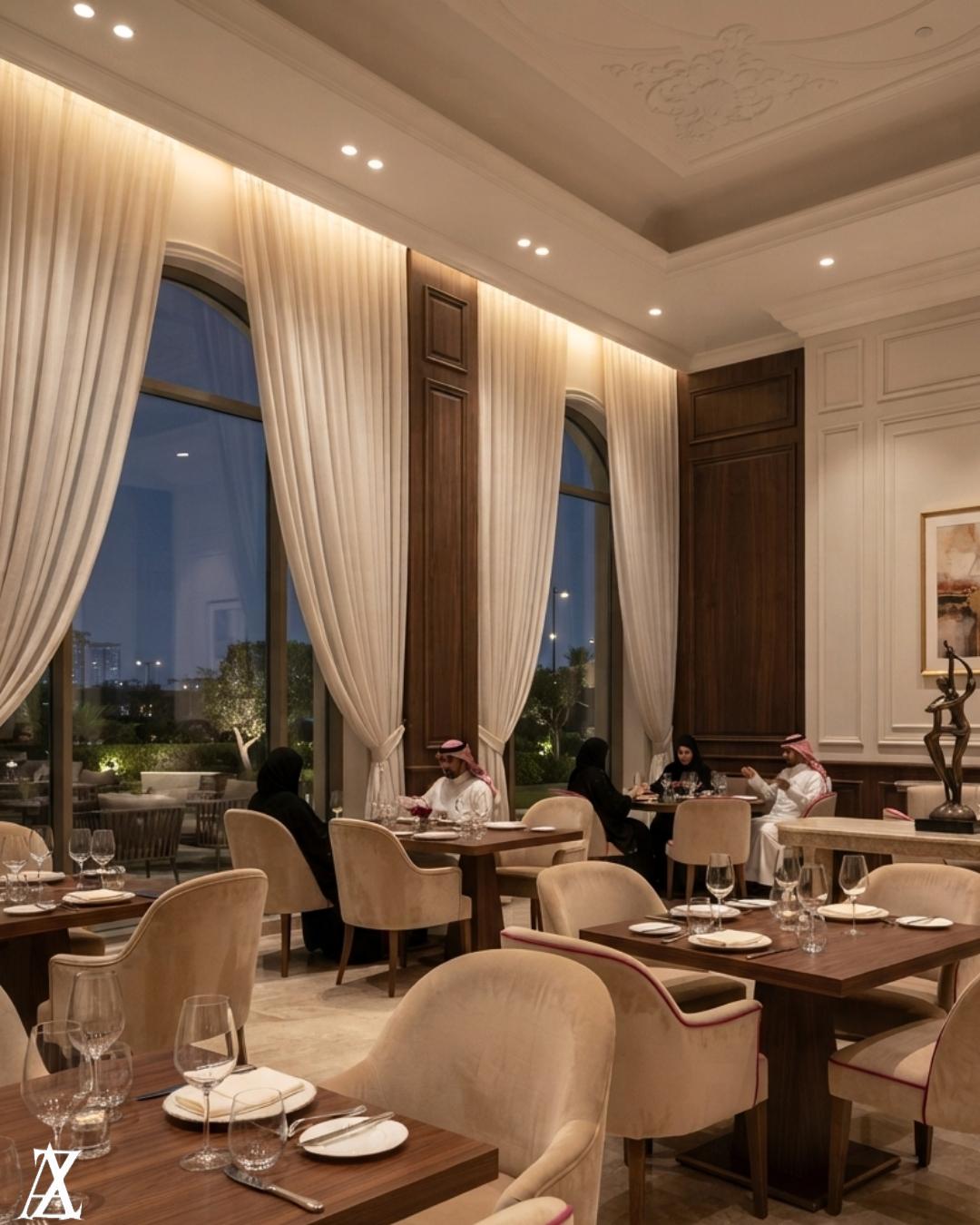 Contemporary restaurant interior design showcasing stylish dining spaces, elegant décor, modern architecture, and luxury hospitality design.