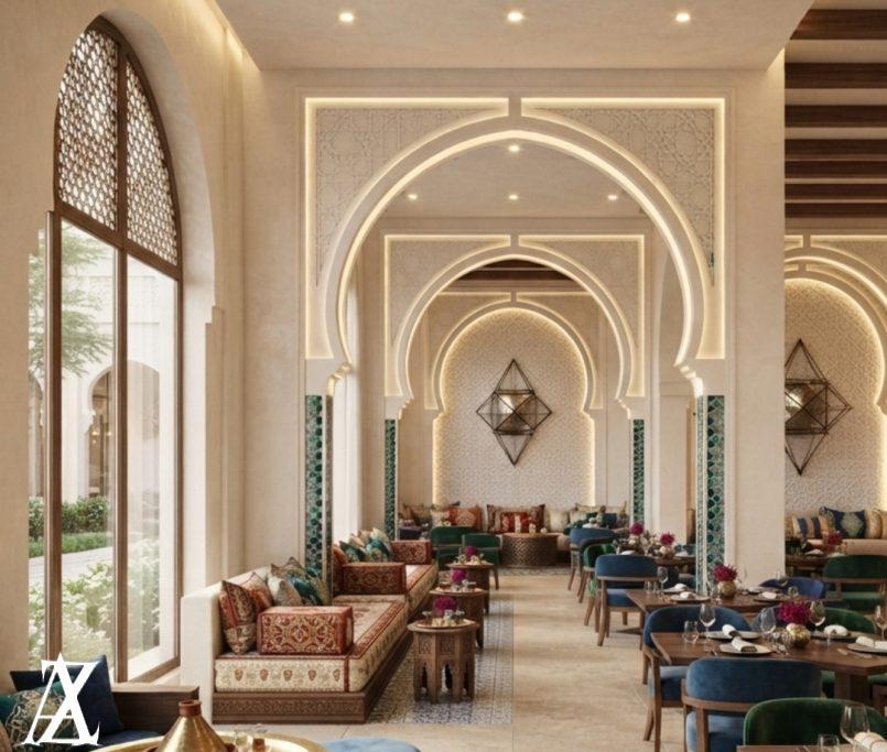 staurant interior design featuring a modern luxury dining space with elegant furniture, premium materials, and ambient lighting.