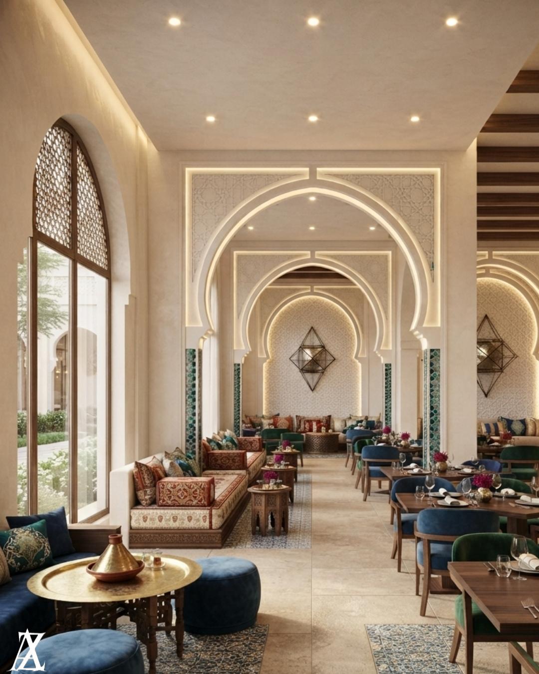 Modern restaurant interior design featuring contemporary dining areas, luxury furniture, ambient lighting, and elegant architectural details.