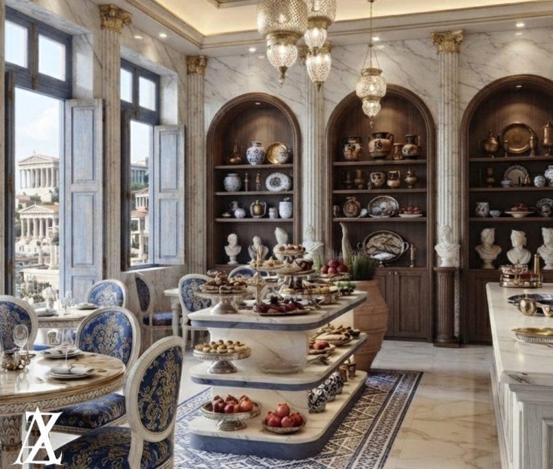 Greek café interior design Dubai Mediterranean style cafe