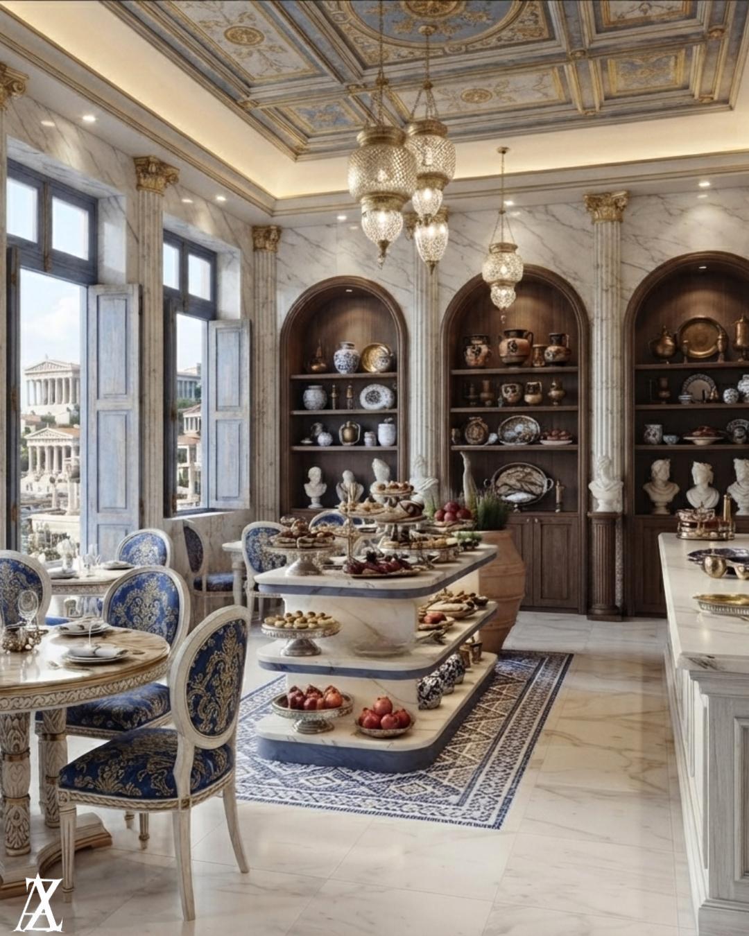 Greek café interior design Dubai Mediterranean style cafe