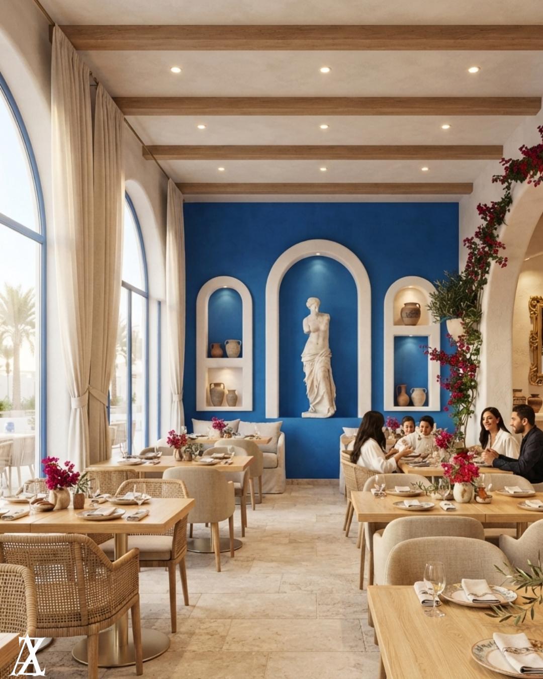 Restaurant interior design with luxury aesthetics, comfortable seating, decorative lighting, premium materials, and elegant dining interiors.