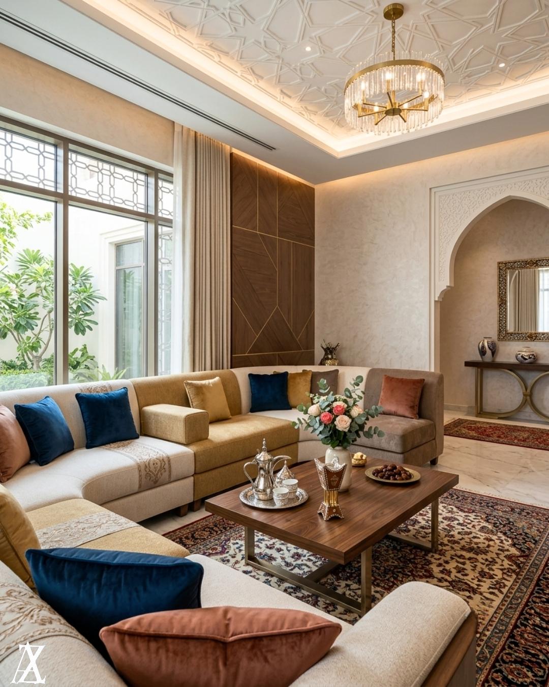 Modern majlis seating and decor inside an ultra-prime Emirates Hills home, UAE