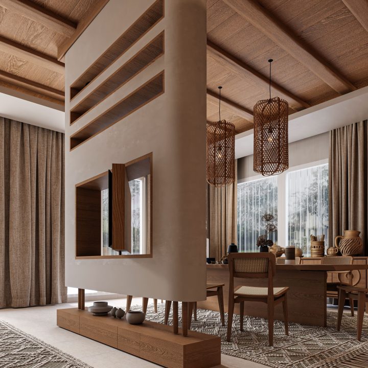 Modern luxury living room with architectural wooden ceiling and natural materials