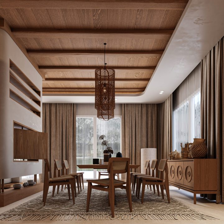 Modern Bohemian living room with wooden ceiling and pendant lights